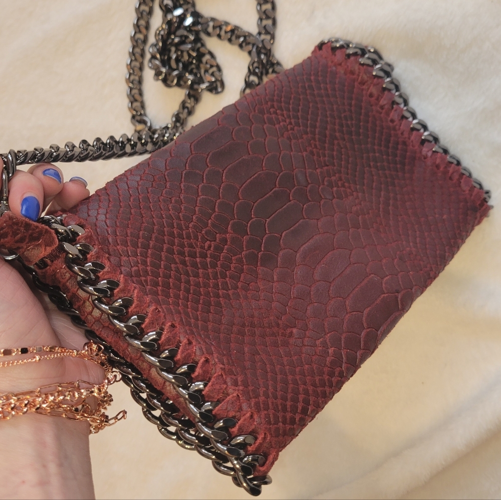Italian Leather Snake Embossed Chain Trim Crossbody Bag Burgundy Falabella Style - Picture 6 of 8